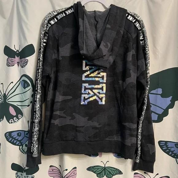 Camo mermaid and silver bling PINK zip up hoodie - Picture 2 of 4